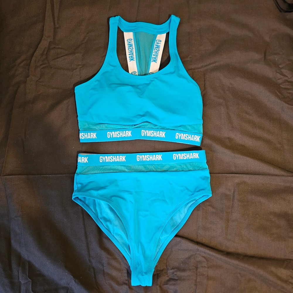 Gymshark Turquoise Blue Logo Mesh Two Piece Swimsuit Medium GLSM4109 GLSM4201
